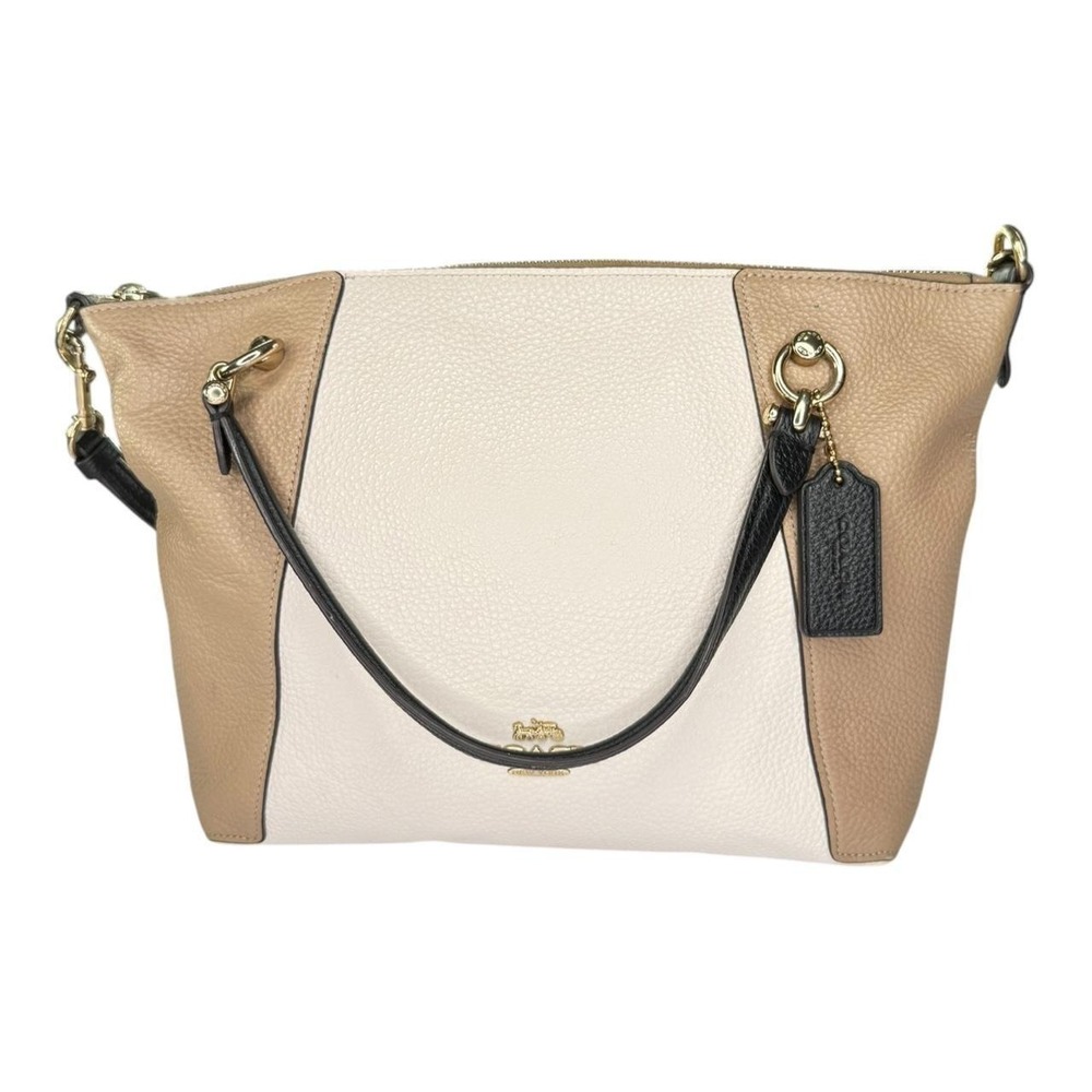 Coach Colorblock Pebbled Leather Crossbody Shoulder Bag Chalk Tan Black Gold